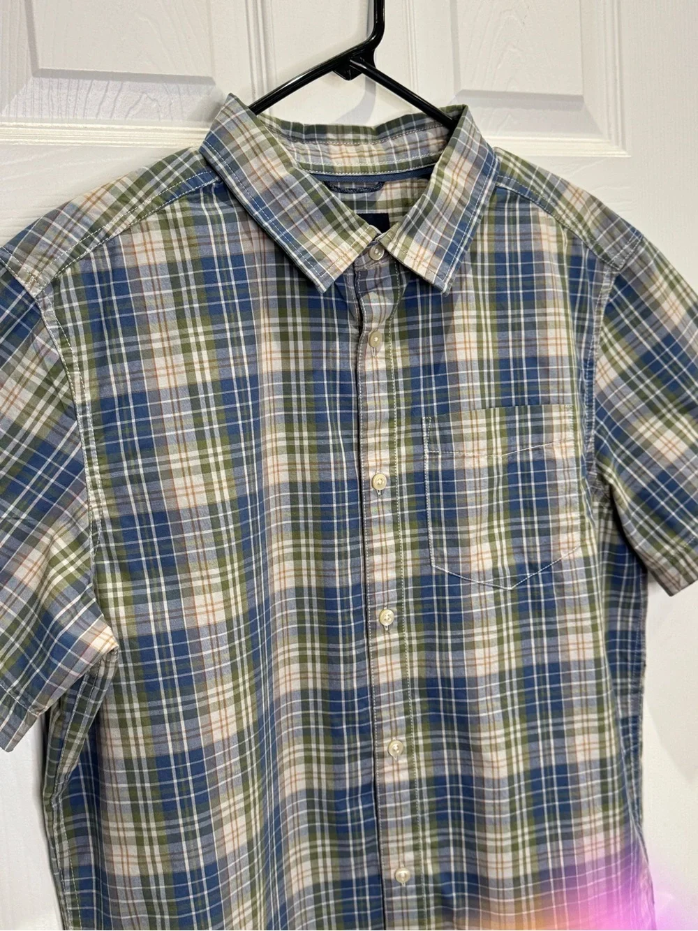 The North Face Men's Large Short Sleeve Button Down Blue Green Plaid Outdoor